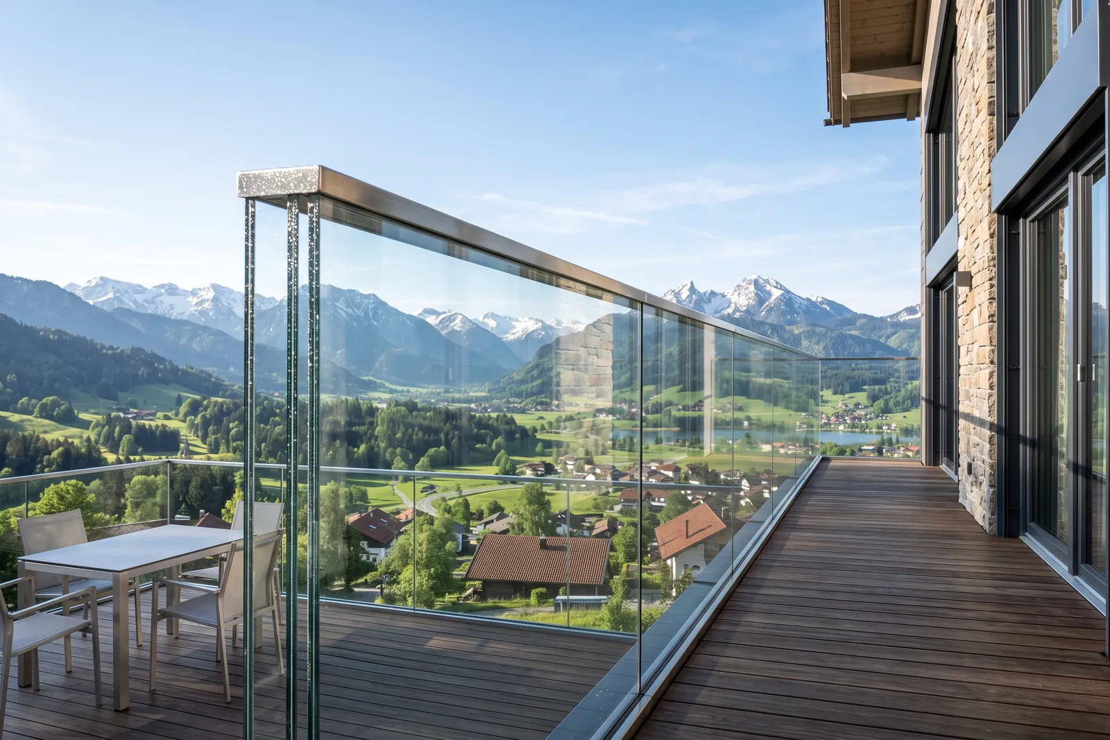 Rahmenloses Balkongeländer aus Glas mit Blick auf die Allgäuer Berge