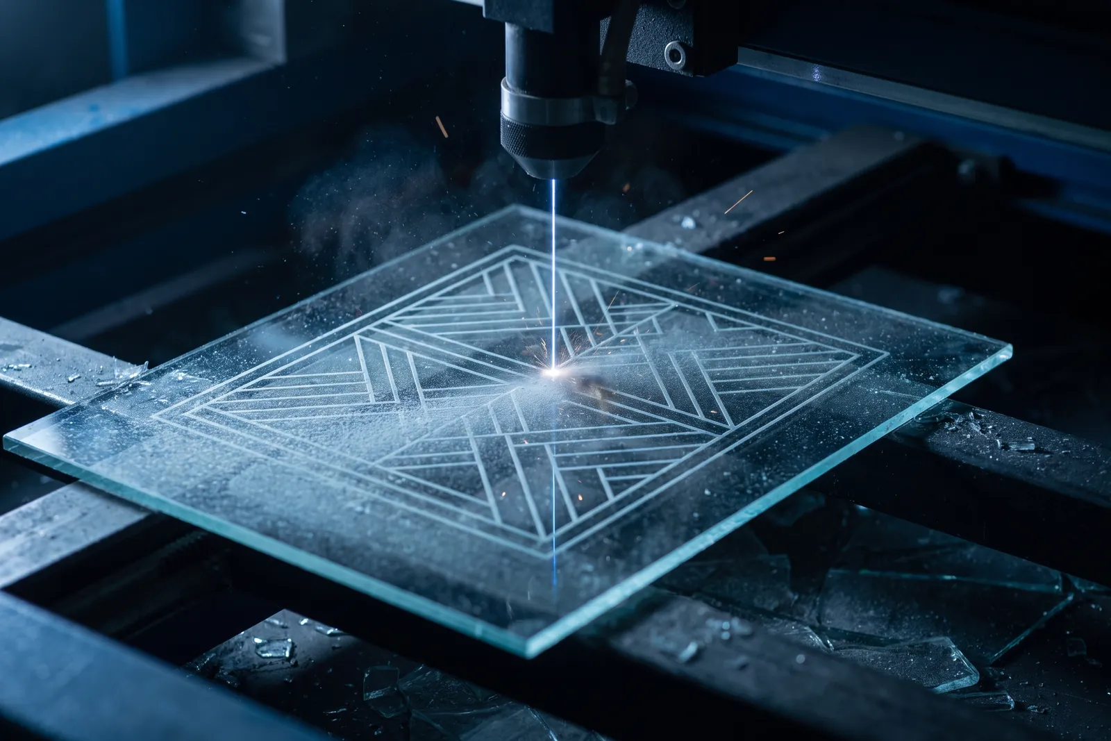 Laser graviert ein feines Muster in eine Glasscheibe
