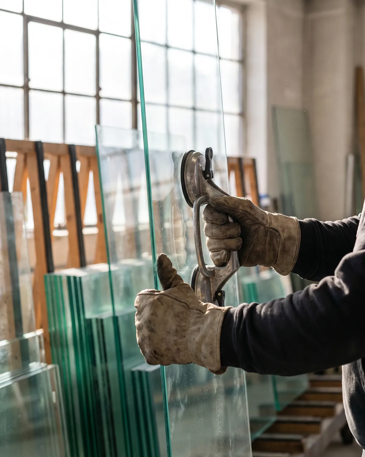 Glaser hebt eine große Glasscheibe mit einem Saugheber